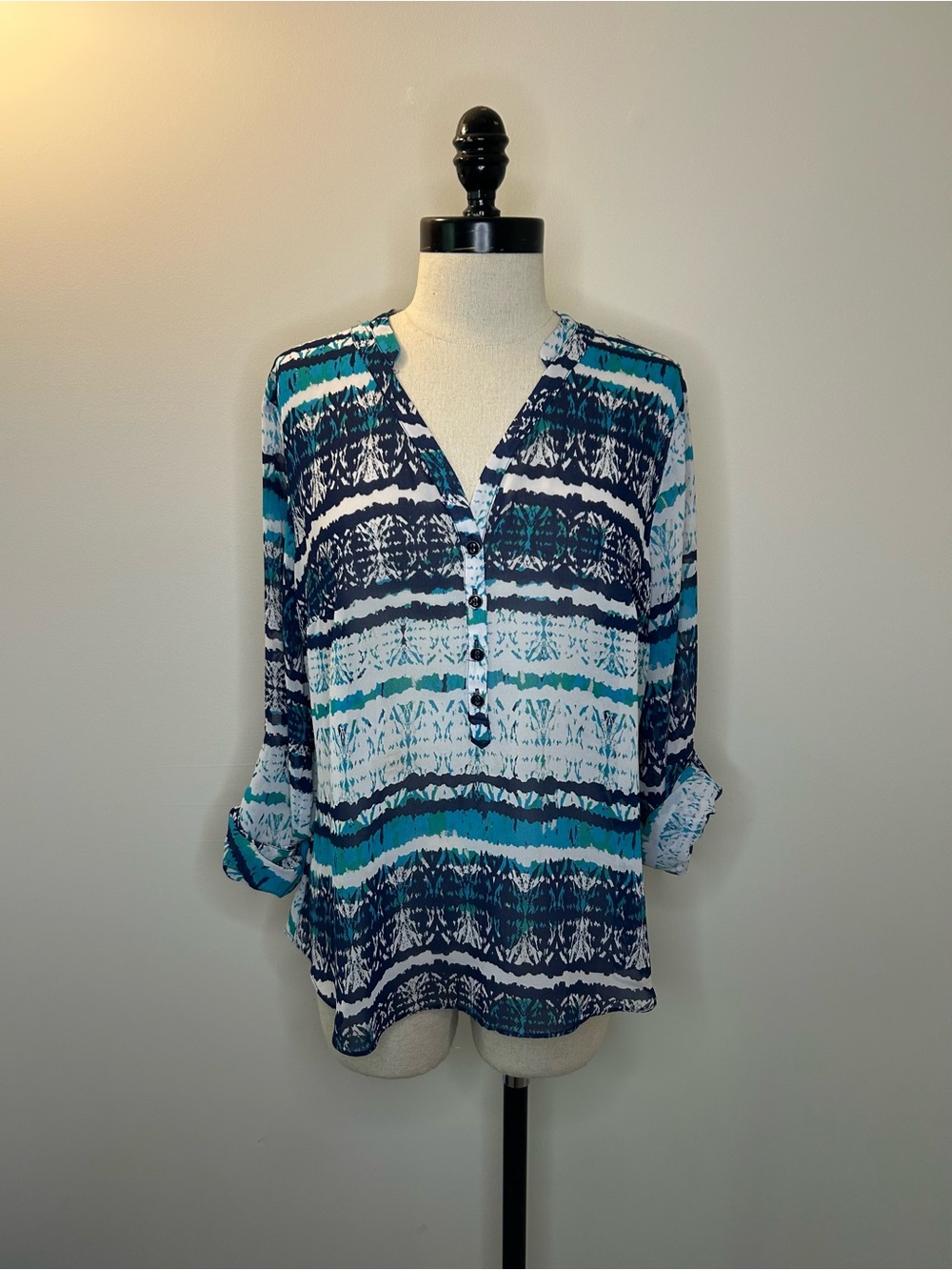 ANA Blue and Teal Abstract Long Sleeve Henley Blouse Roll-Tab Sleeve Womens PL
